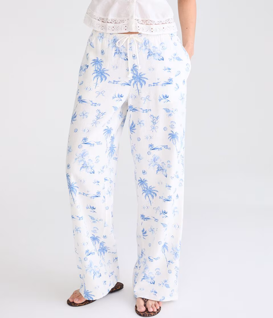 Tropical Print Drawstring Linen Pants