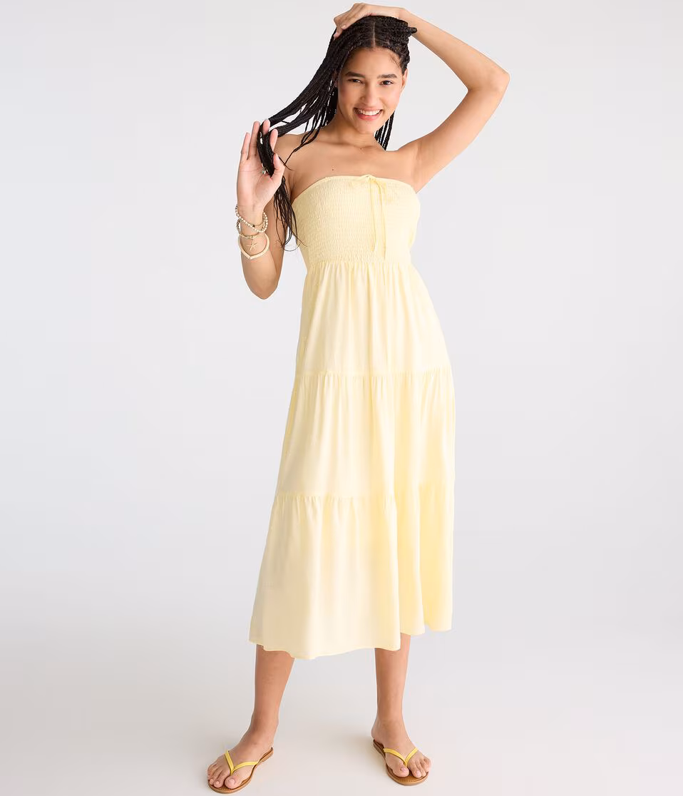 Swiss Dot Strapless Smocked Midi Dress