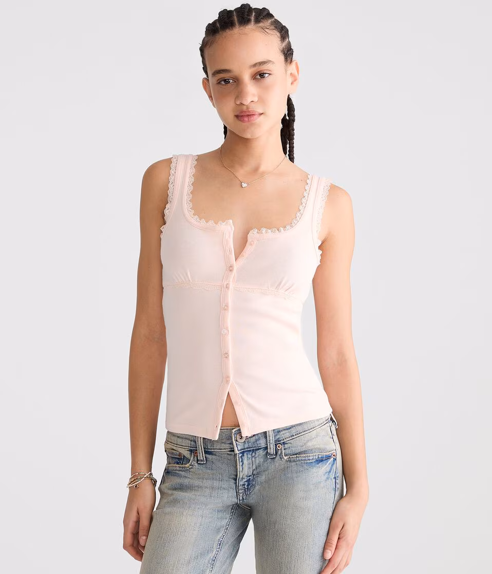 Seriously Soft Lace-Trim Buttoned Tank Top